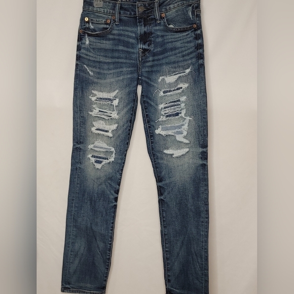 American Eagle Mens Ne(x)t Level Airflex Skinny Destroyed Patch Jeans - Size 30 - Picture 1 of 12